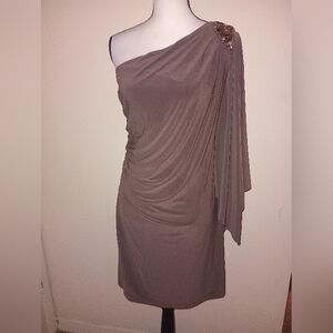 R&M Richards One-Shoulder Taupe Dress SZ12/L